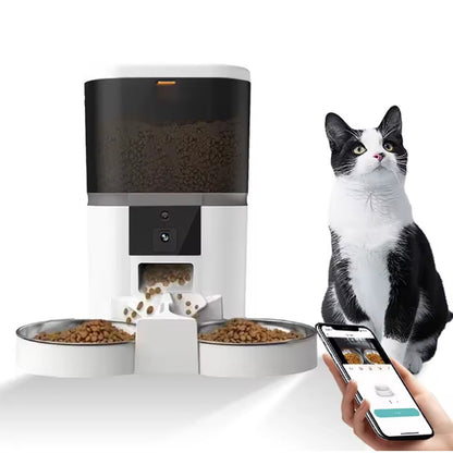 Duo Vision Pro blanc – distributeur de croquettes connecté avec caméra et double bol inox