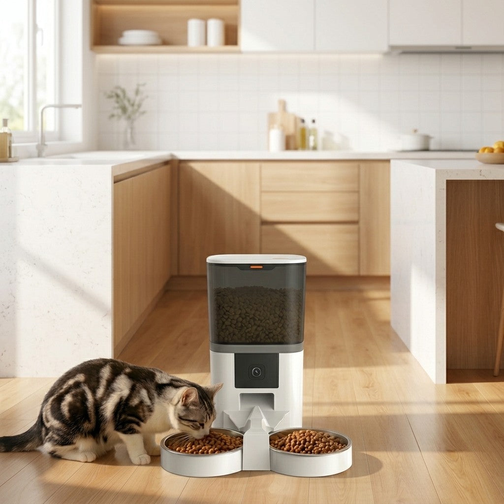 Duo Vision Pro blanc – distributeur connecté dans une cuisine avec un chat