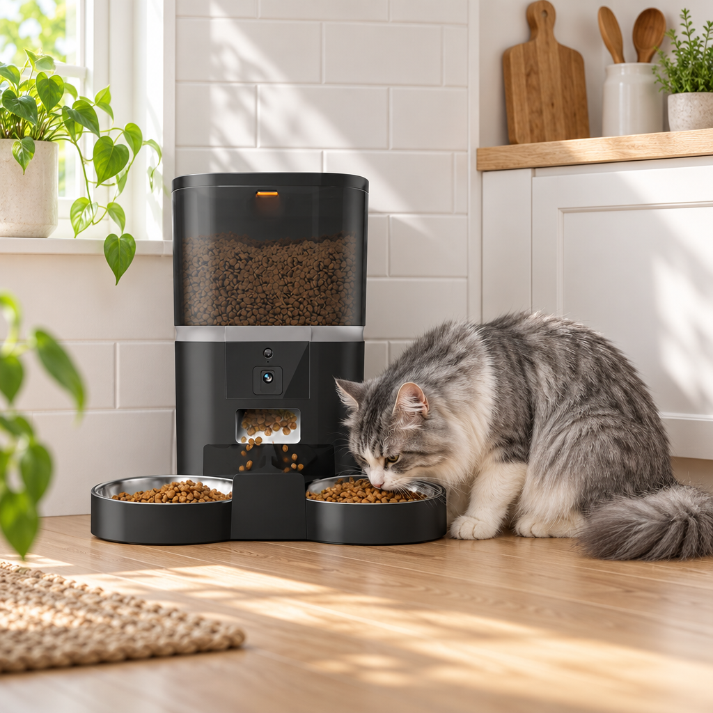 Distributeur de croquettes connecté Duo Vision Pro avec caméra et double bol inox